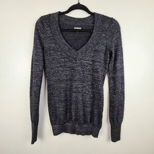 Express Women's Black Sparkly‎ Silver V-Neck Sweater Size S Holiday New Years